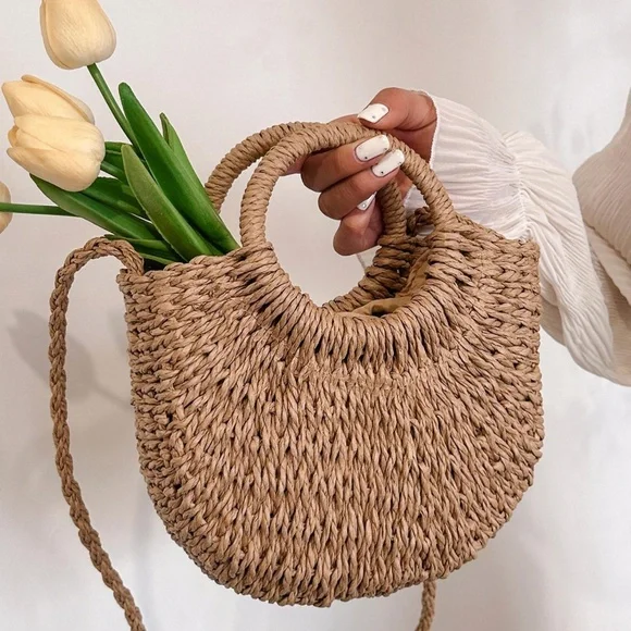 Boho Straw Top Handle Woven Handbag - Picture 4 of 10